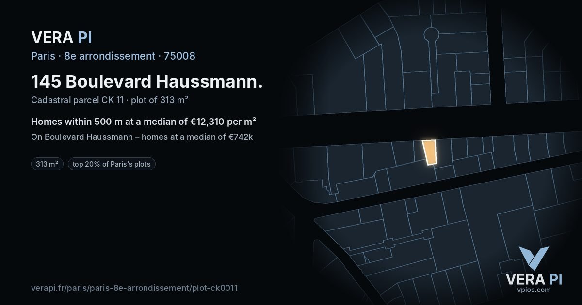 145 Boulevard Haussmann, 8e arrondissement at night – the plot lit, the parcels around coloured by the prices near them