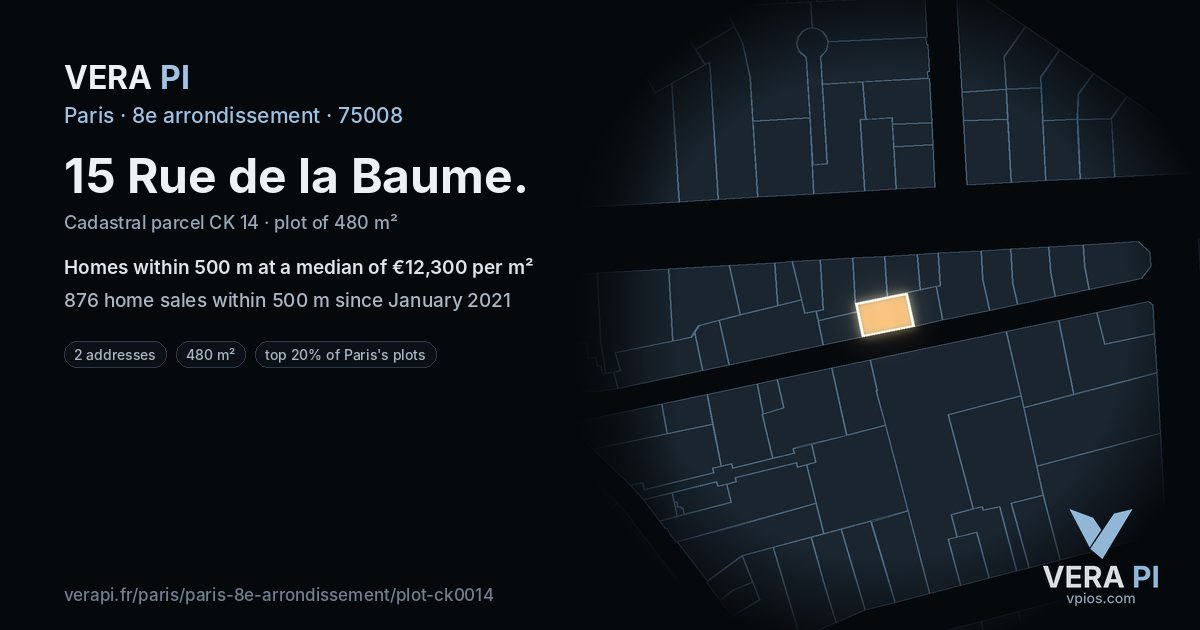 15 Rue de la Baume, 8e arrondissement at night – the plot lit, the parcels around coloured by the prices near them
