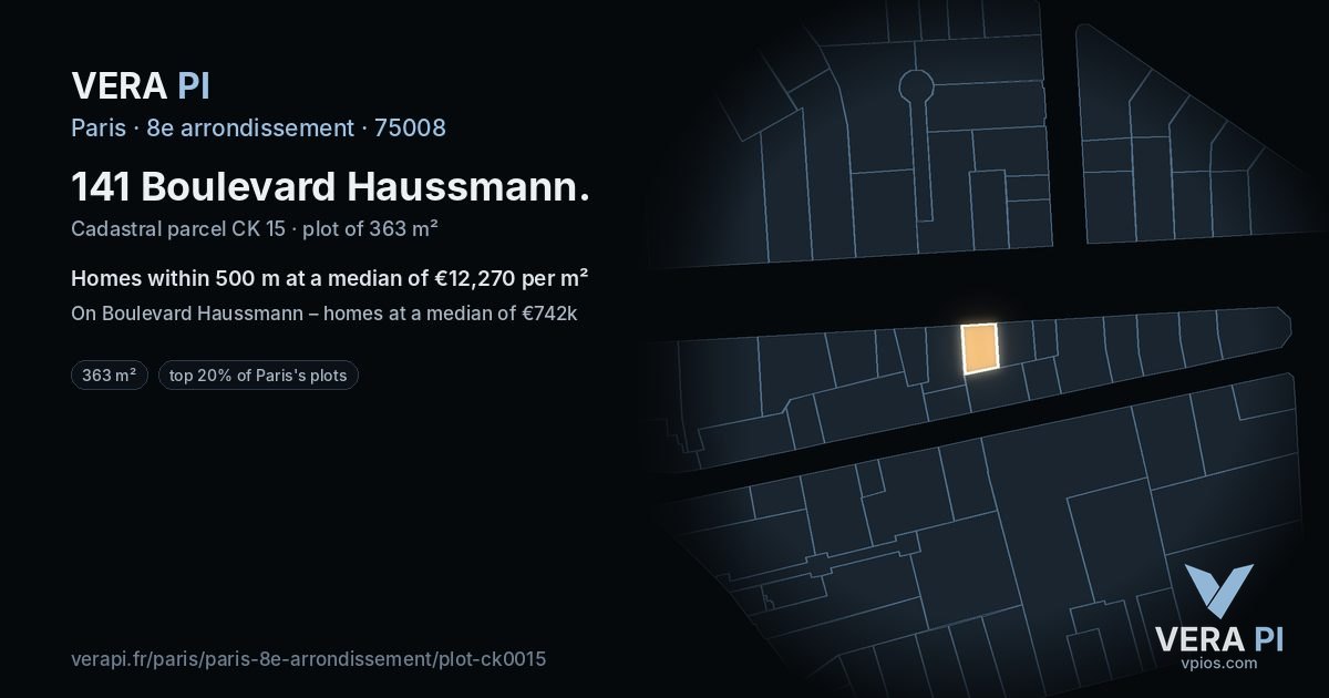 141 Boulevard Haussmann, 8e arrondissement at night – the plot lit, the parcels around coloured by the prices near them