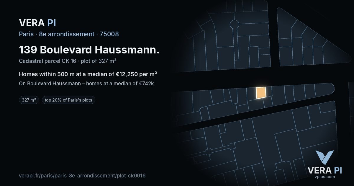 139 Boulevard Haussmann, 8e arrondissement at night – the plot lit, the parcels around coloured by the prices near them