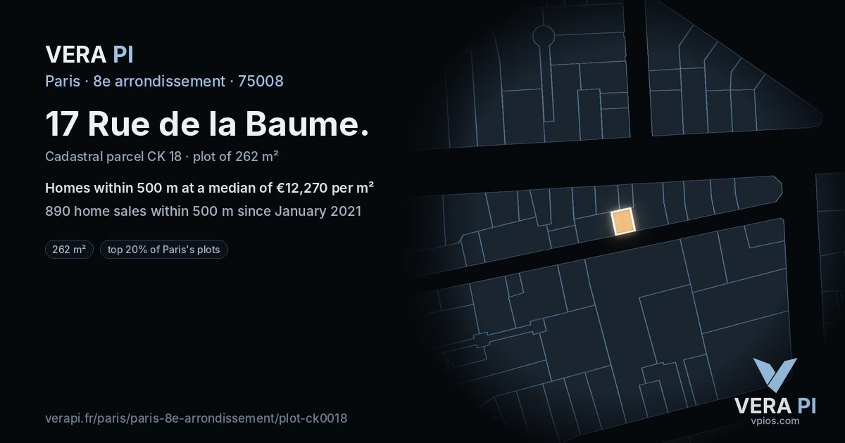 17 Rue de la Baume, 8e arrondissement at night – the plot lit, the parcels around coloured by the prices near them