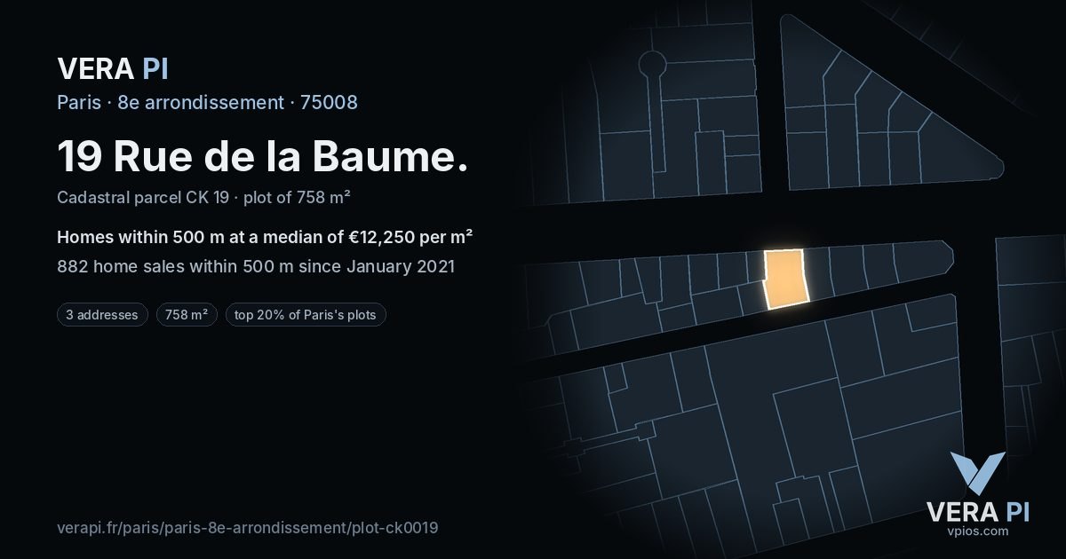 19 Rue de la Baume, 8e arrondissement at night – the plot lit, the parcels around coloured by the prices near them