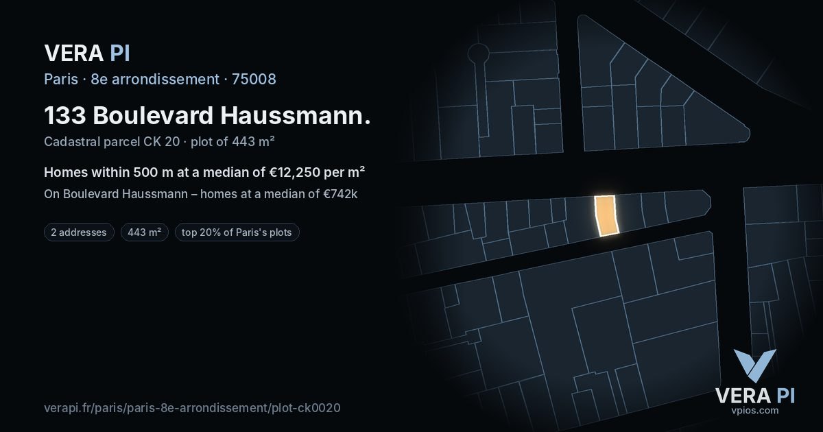 133 Boulevard Haussmann, 8e arrondissement at night – the plot lit, the parcels around coloured by the prices near them