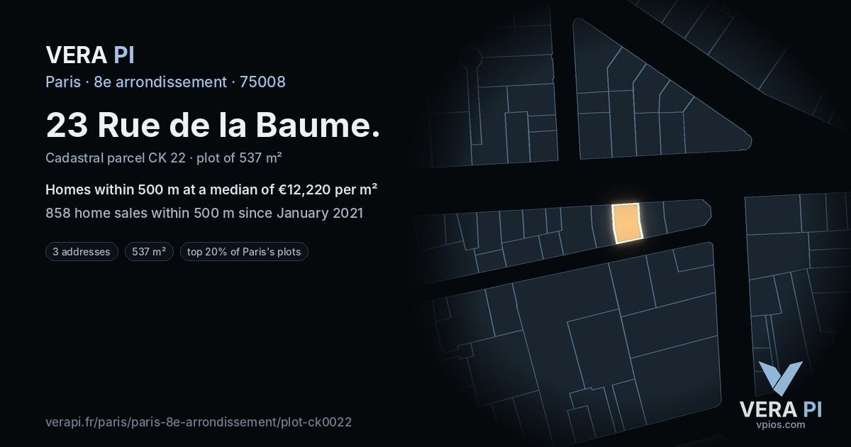 23 Rue de la Baume, 8e arrondissement at night – the plot lit, the parcels around coloured by the prices near them