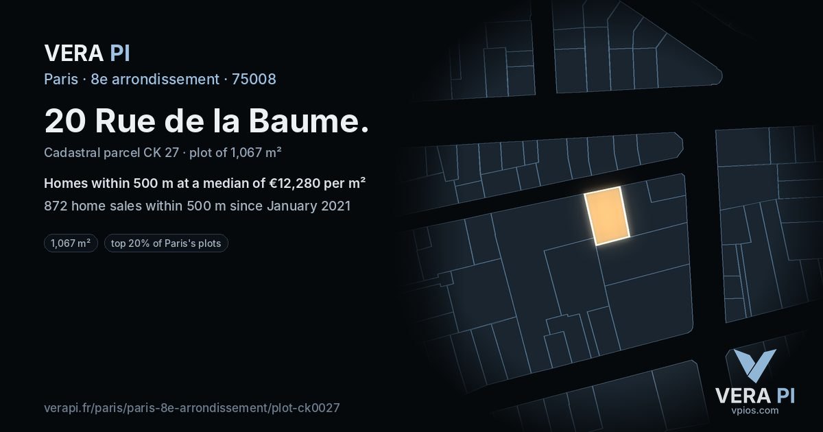 20 Rue de la Baume, 8e arrondissement at night – the plot lit, the parcels around coloured by the prices near them