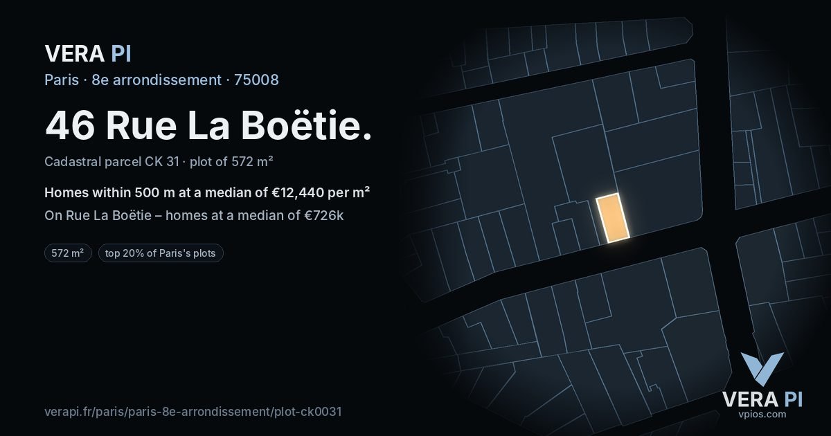 46 Rue La Boëtie, 8e arrondissement at night – the plot lit, the parcels around coloured by the prices near them