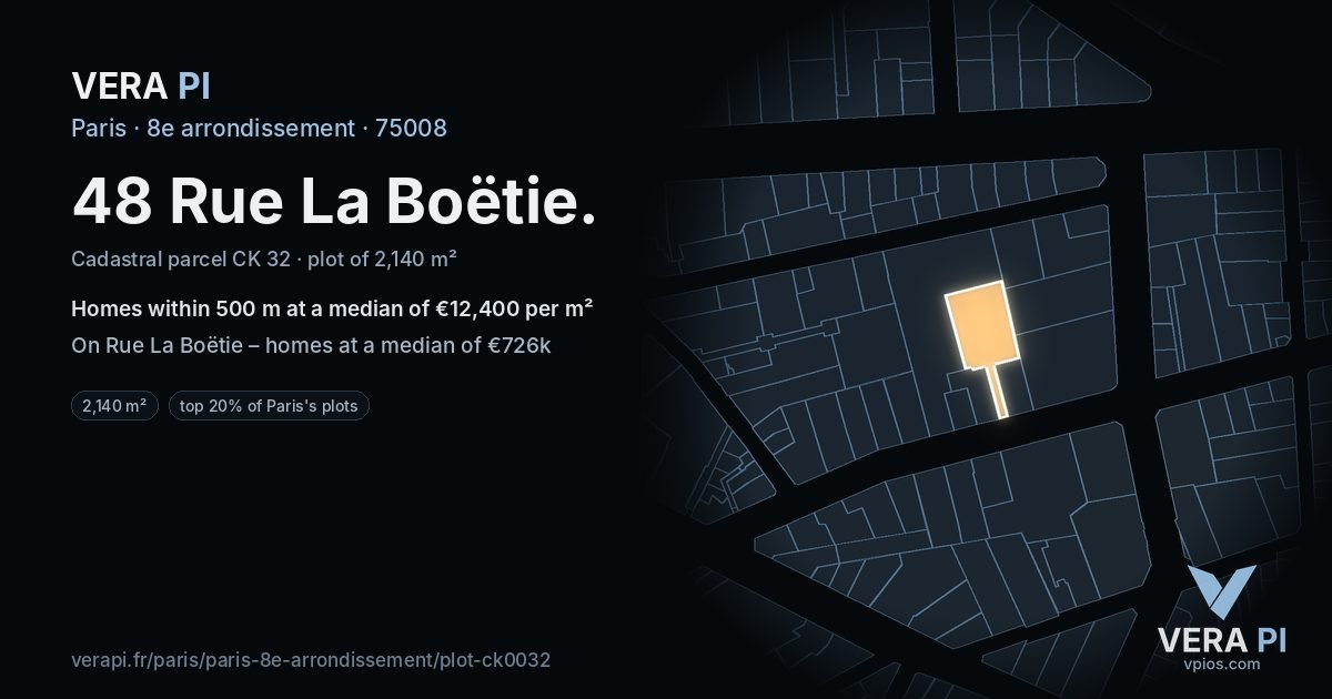 48 Rue La Boëtie, 8e arrondissement at night – the plot lit, the parcels around coloured by the prices near them