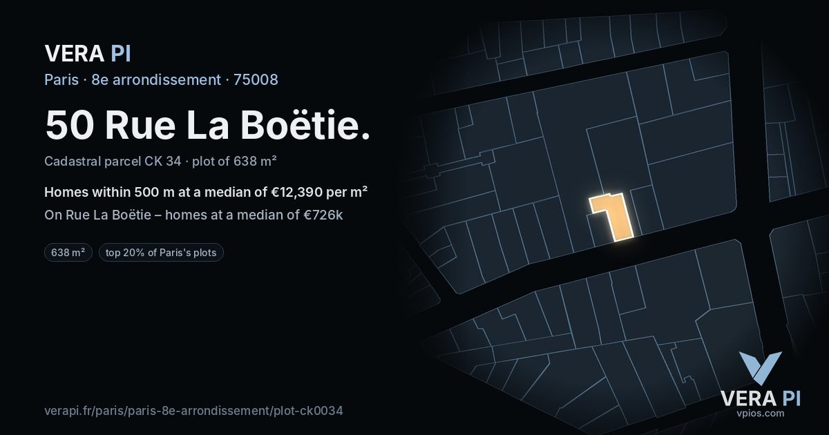50 Rue La Boëtie, 8e arrondissement at night – the plot lit, the parcels around coloured by the prices near them