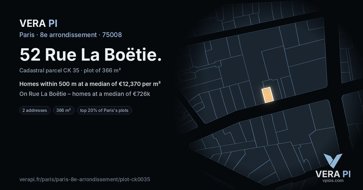 52 Rue La Boëtie, 8e arrondissement at night – the plot lit, the parcels around coloured by the prices near them