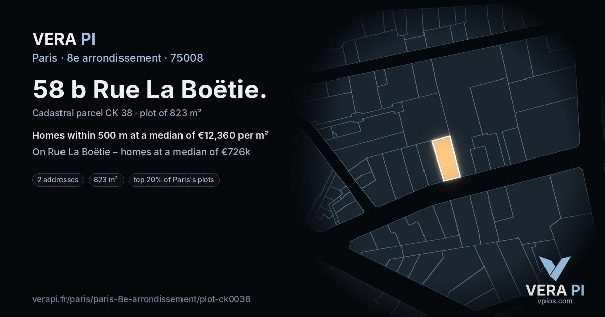 58 b Rue La Boëtie, 8e arrondissement at night – the plot lit, the parcels around coloured by the prices near them
