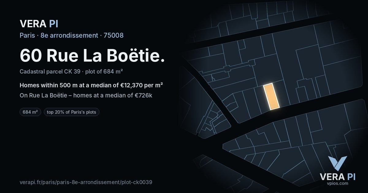 60 Rue La Boëtie, 8e arrondissement at night – the plot lit, the parcels around coloured by the prices near them