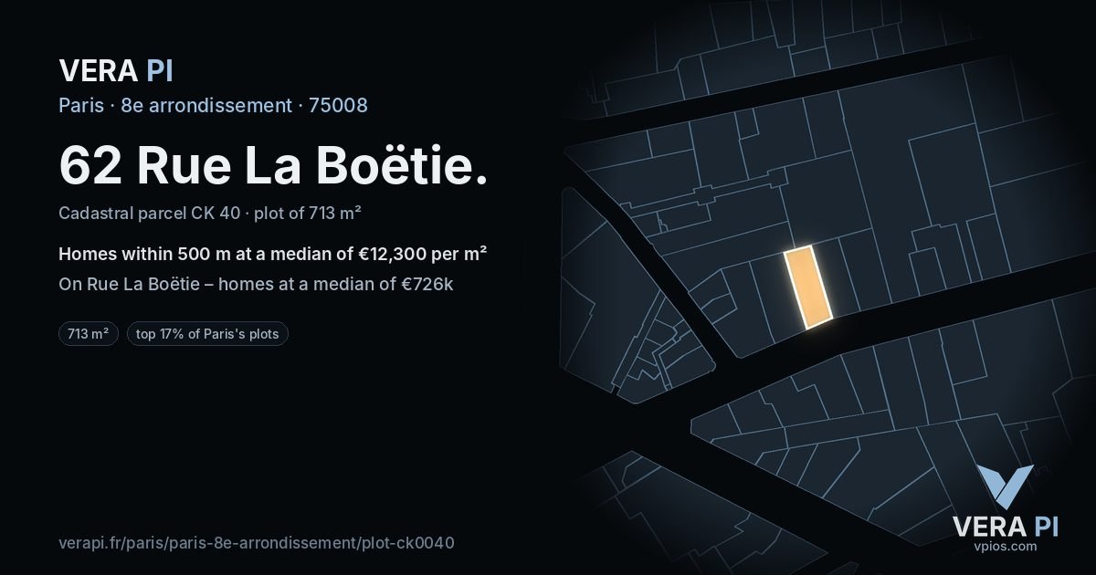 62 Rue La Boëtie, 8e arrondissement at night – the plot lit, the parcels around coloured by the prices near them