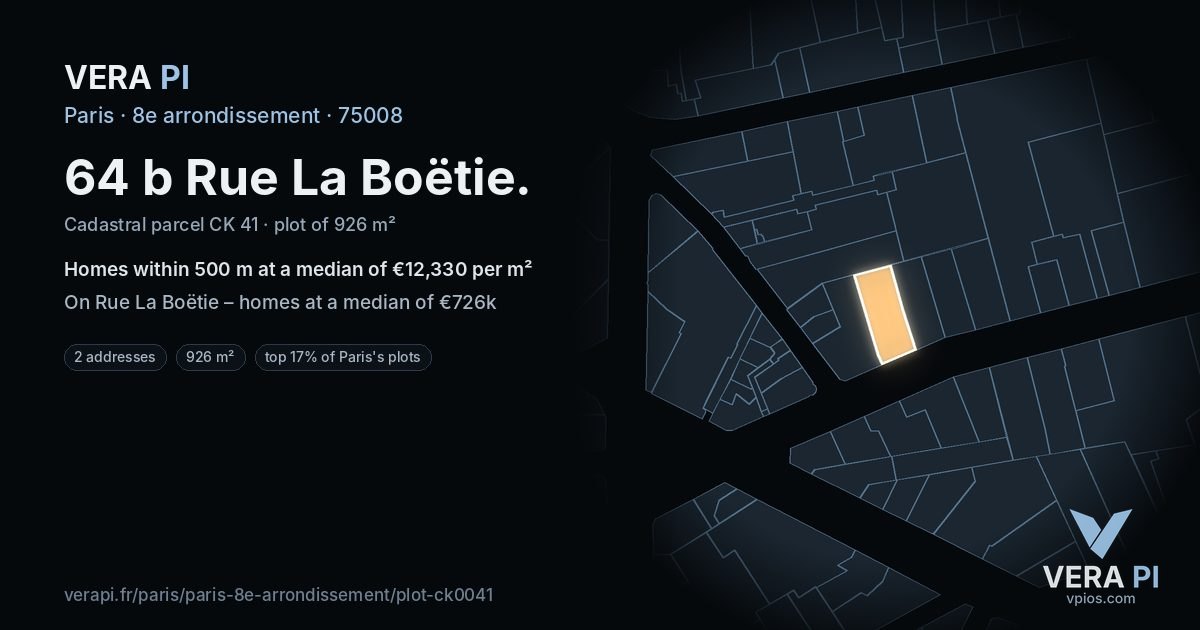 64 b Rue La Boëtie, 8e arrondissement at night – the plot lit, the parcels around coloured by the prices near them