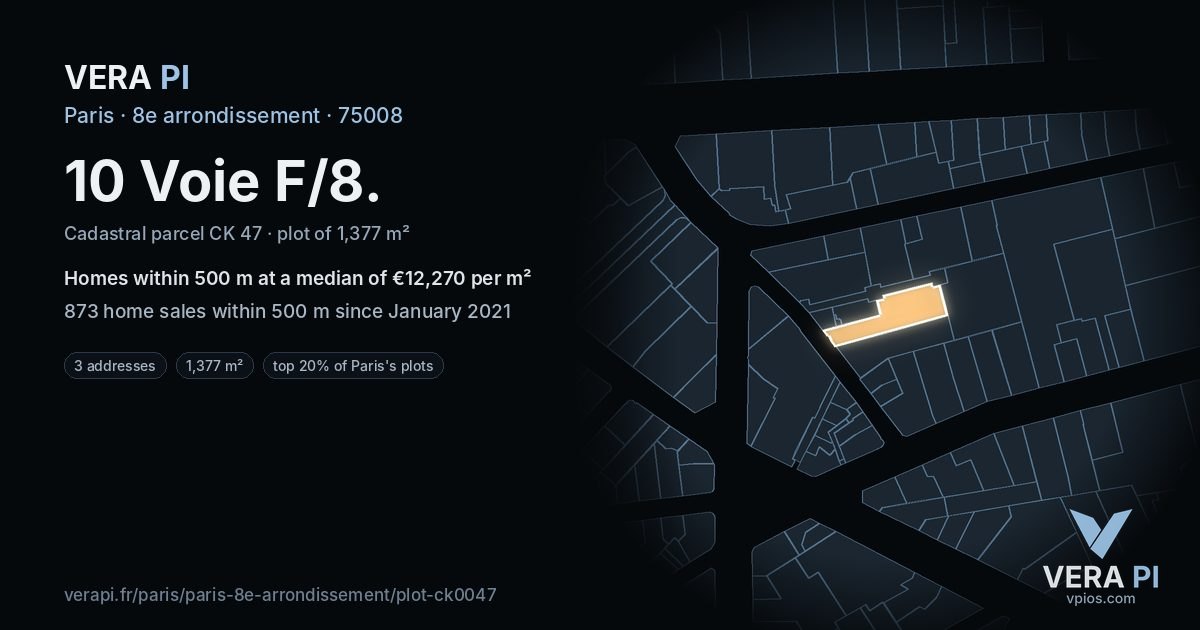 10 Voie F/8, 8e arrondissement at night – the plot lit, the parcels around coloured by the prices near them