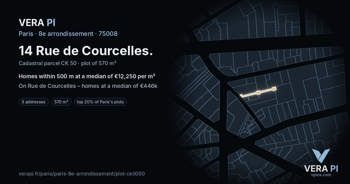14 Rue de Courcelles, 8e arrondissement at night – the plot lit, the parcels around coloured by the prices near them