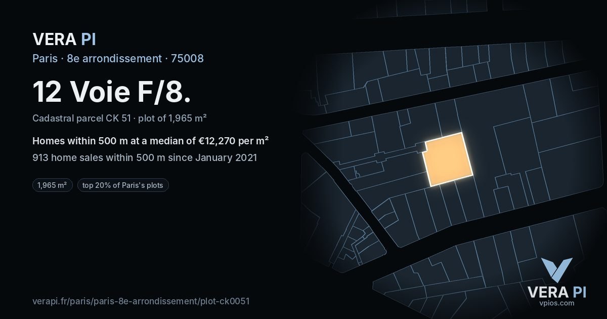 12 Voie F/8, 8e arrondissement at night – the plot lit, the parcels around coloured by the prices near them