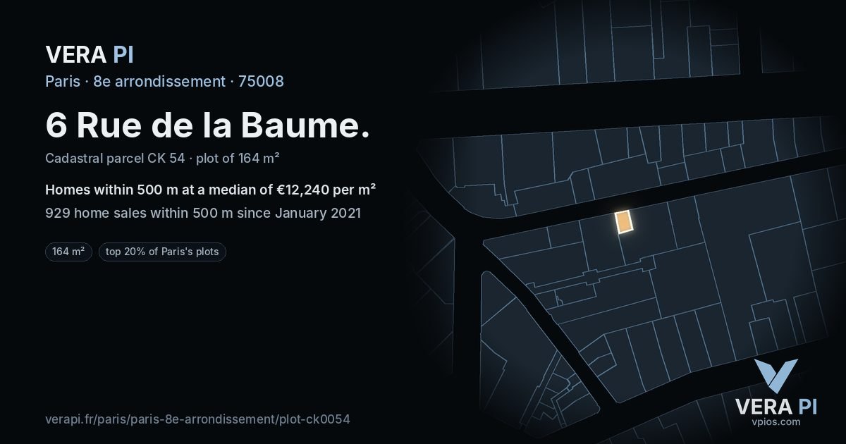 6 Rue de la Baume, 8e arrondissement at night – the plot lit, the parcels around coloured by the prices near them