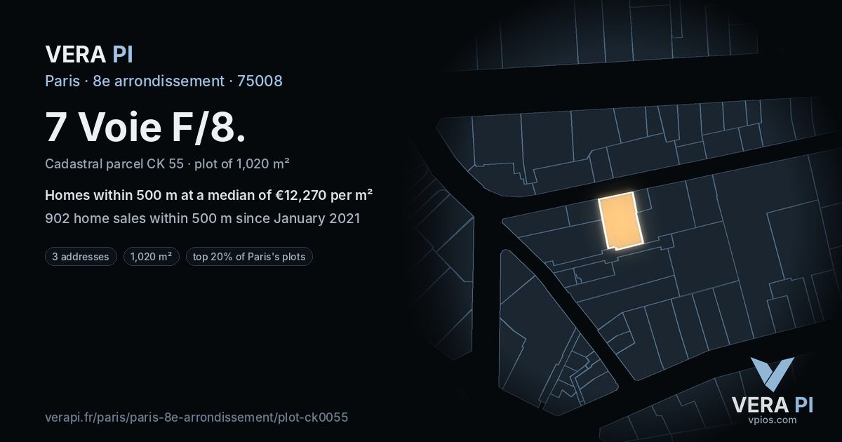 7 Voie F/8, 8e arrondissement at night – the plot lit, the parcels around coloured by the prices near them