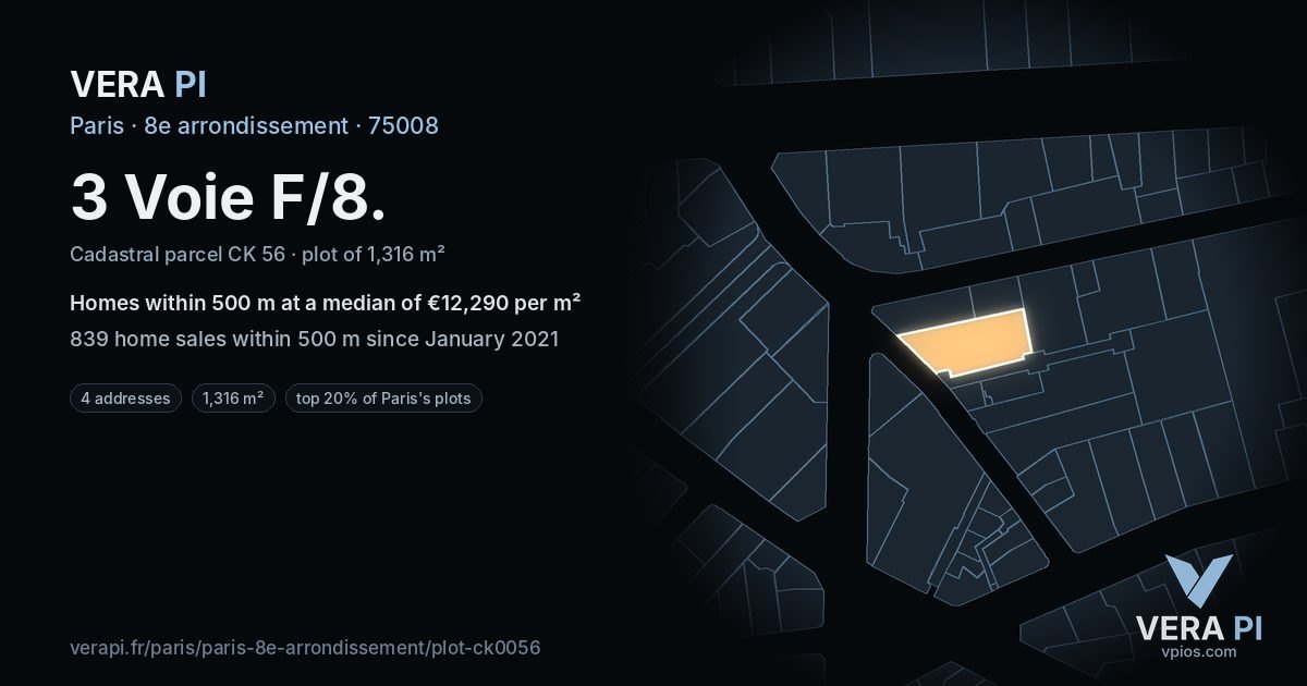 3 Voie F/8, 8e arrondissement at night – the plot lit, the parcels around coloured by the prices near them
