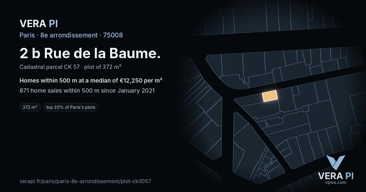 2 b Rue de la Baume, 8e arrondissement at night – the plot lit, the parcels around coloured by the prices near them