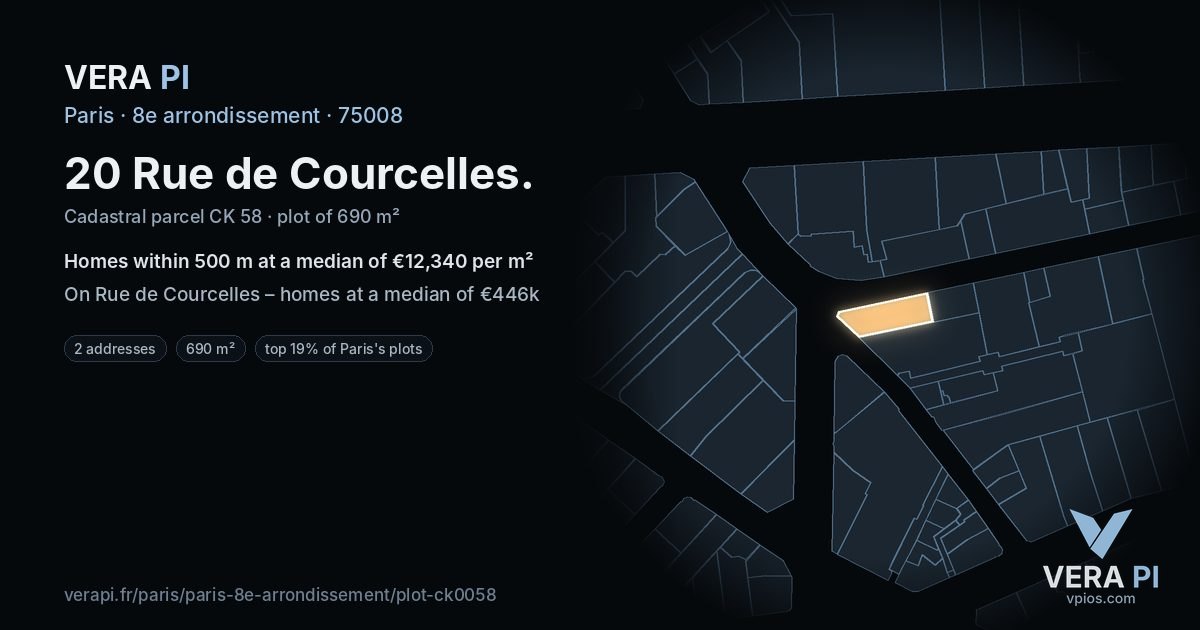 20 Rue de Courcelles, 8e arrondissement at night – the plot lit, the parcels around coloured by the prices near them