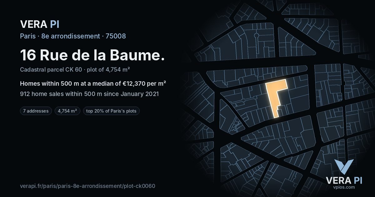 16 Rue de la Baume, 8e arrondissement at night – the plot lit, the parcels around coloured by the prices near them