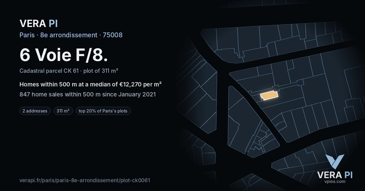 6 Voie F/8, 8e arrondissement at night – the plot lit, the parcels around coloured by the prices near them