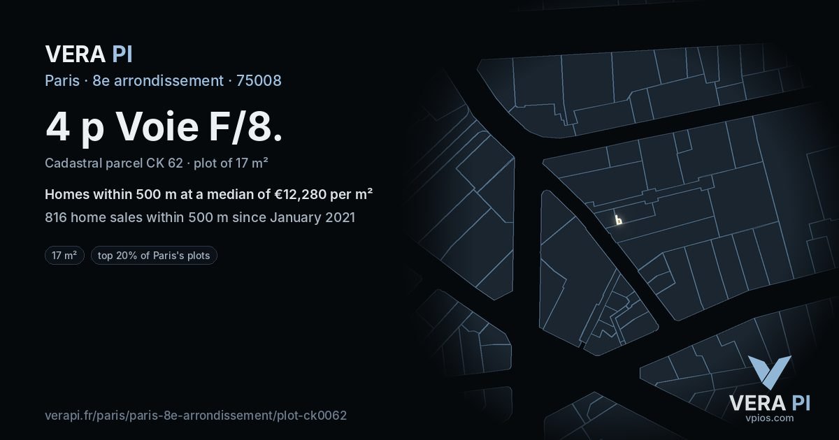 4 p Voie F/8, 8e arrondissement at night – the plot lit, the parcels around coloured by the prices near them