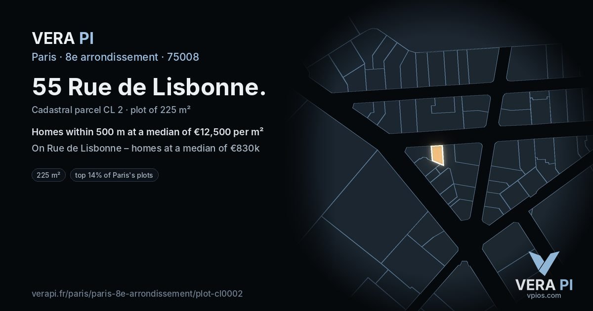 55 Rue de Lisbonne, 8e arrondissement at night – the plot lit, the parcels around coloured by the prices near them