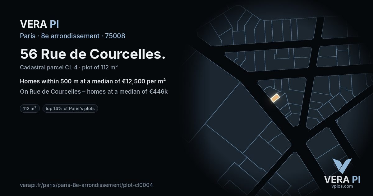 56 Rue de Courcelles, 8e arrondissement at night – the plot lit, the parcels around coloured by the prices near them