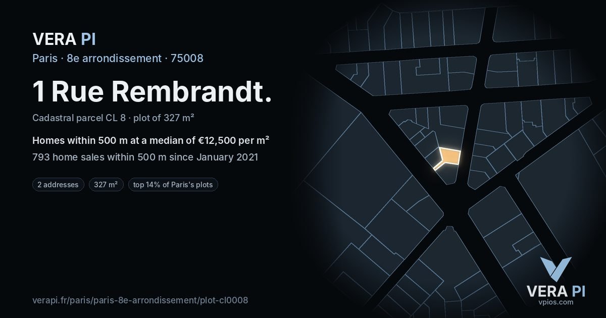 1 Rue Rembrandt, 8e arrondissement at night – the plot lit, the parcels around coloured by the prices near them