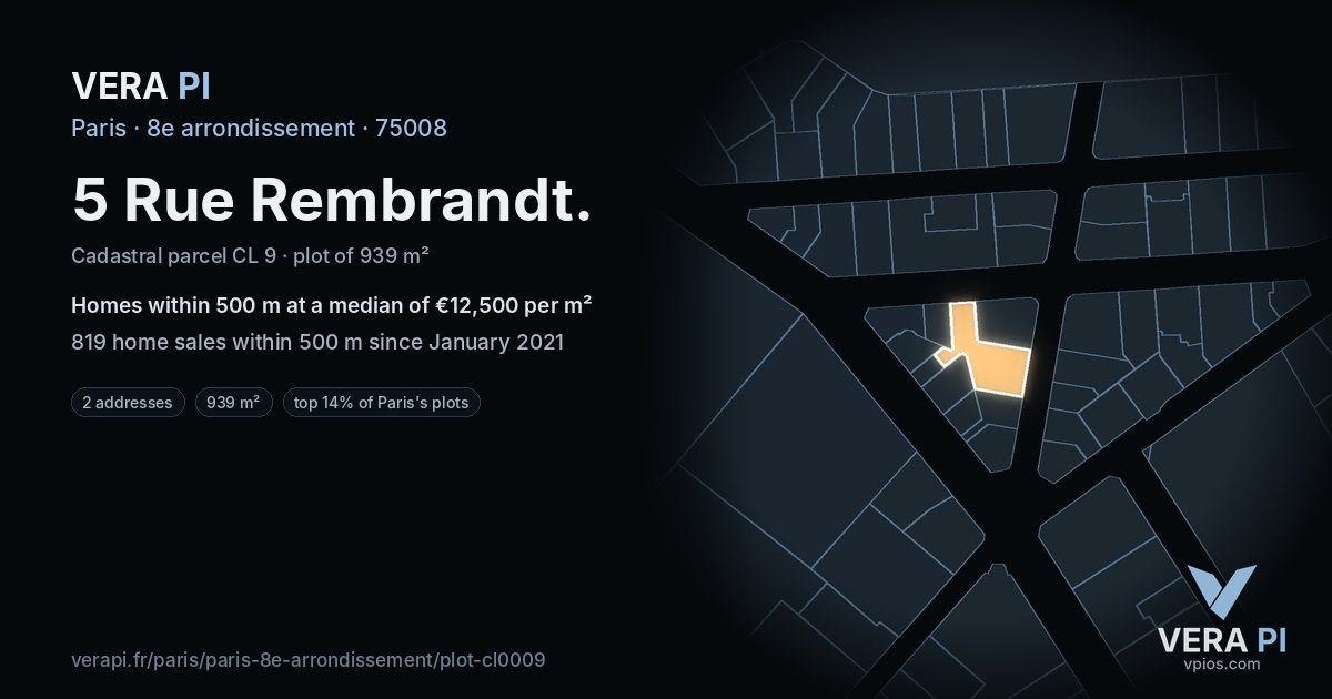 5 Rue Rembrandt, 8e arrondissement at night – the plot lit, the parcels around coloured by the prices near them