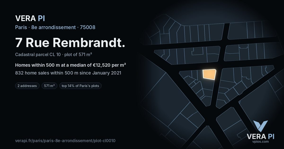 7 Rue Rembrandt, 8e arrondissement at night – the plot lit, the parcels around coloured by the prices near them