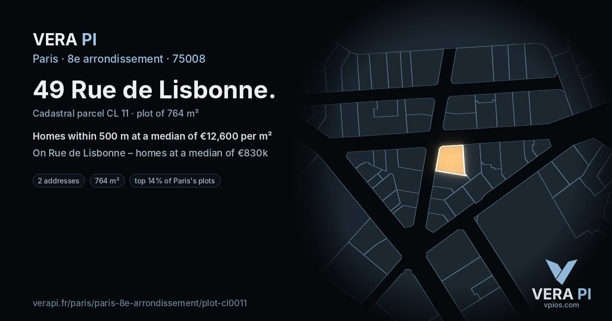 49 Rue de Lisbonne, 8e arrondissement at night – the plot lit, the parcels around coloured by the prices near them