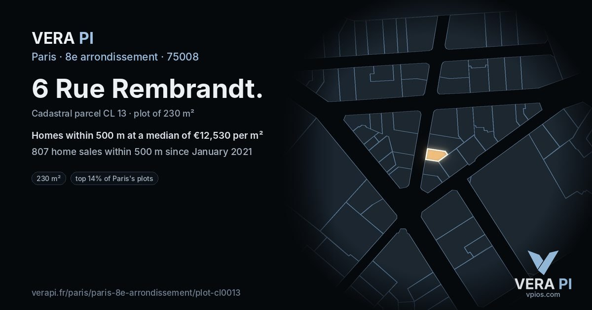 6 Rue Rembrandt, 8e arrondissement at night – the plot lit, the parcels around coloured by the prices near them