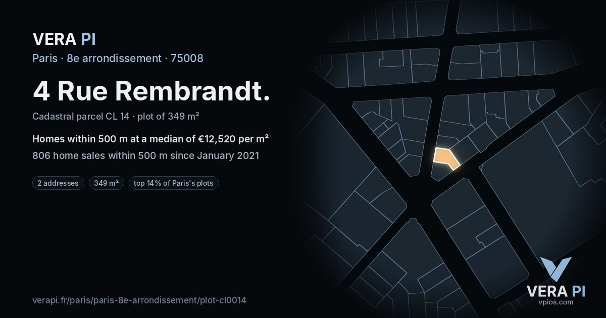 4 Rue Rembrandt, 8e arrondissement at night – the plot lit, the parcels around coloured by the prices near them