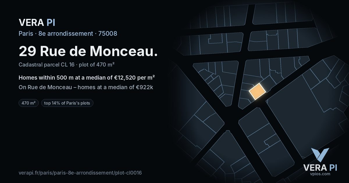 29 Rue de Monceau, 8e arrondissement at night – the plot lit, the parcels around coloured by the prices near them