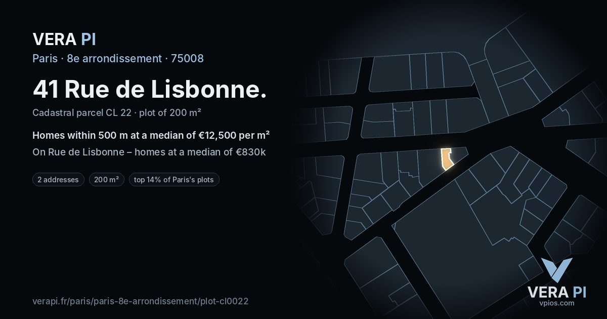 41 Rue de Lisbonne, 8e arrondissement at night – the plot lit, the parcels around coloured by the prices near them