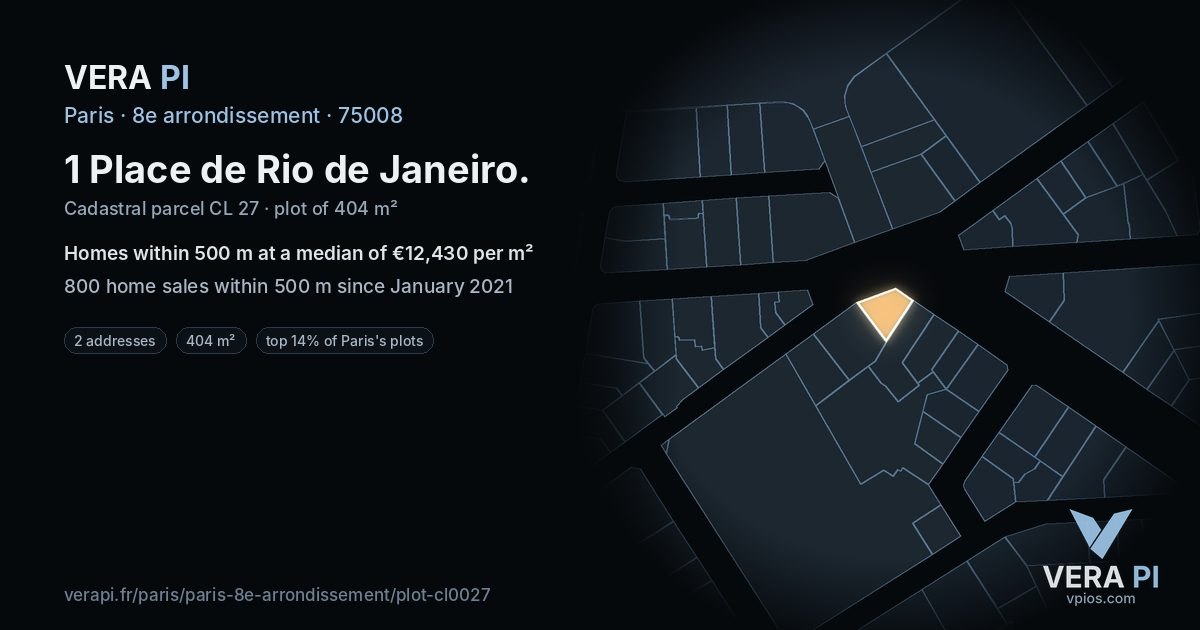 1 Place de Rio de Janeiro, 8e arrondissement at night – the plot lit, the parcels around coloured by the prices near them