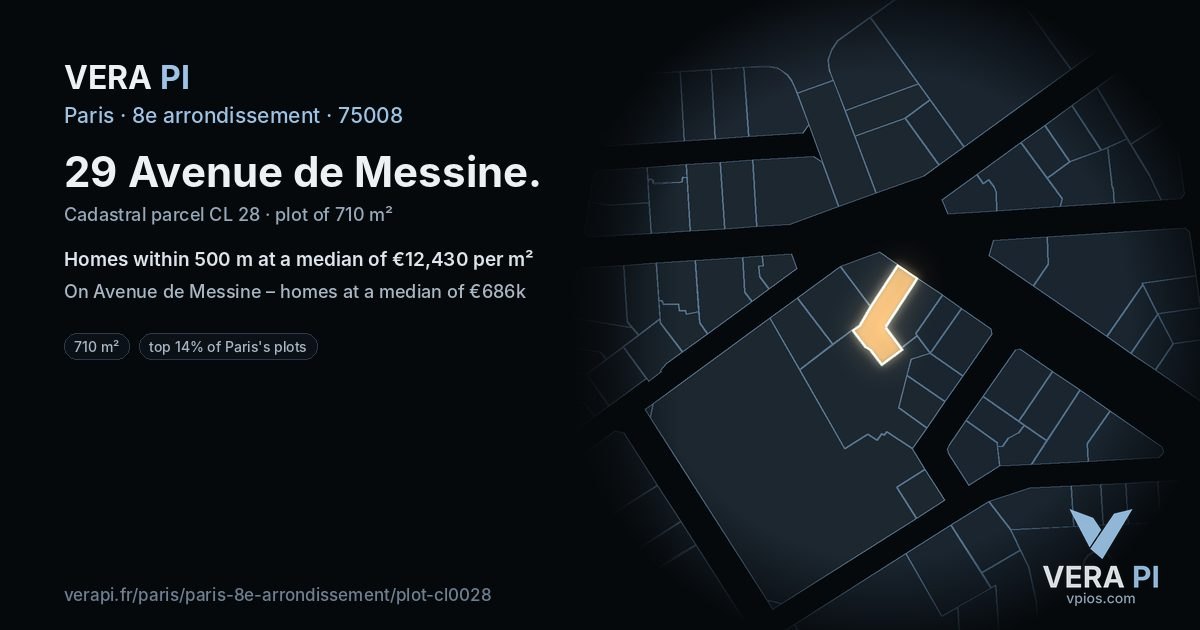29 Avenue de Messine, 8e arrondissement at night – the plot lit, the parcels around coloured by the prices near them
