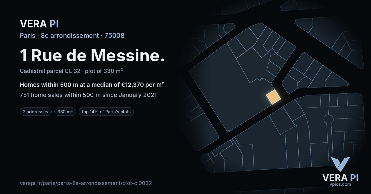 1 Rue de Messine, 8e arrondissement at night – the plot lit, the parcels around coloured by the prices near them