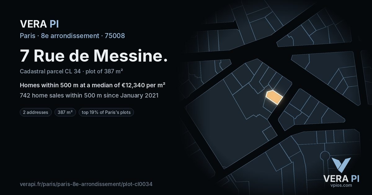 7 Rue de Messine, 8e arrondissement at night – the plot lit, the parcels around coloured by the prices near them
