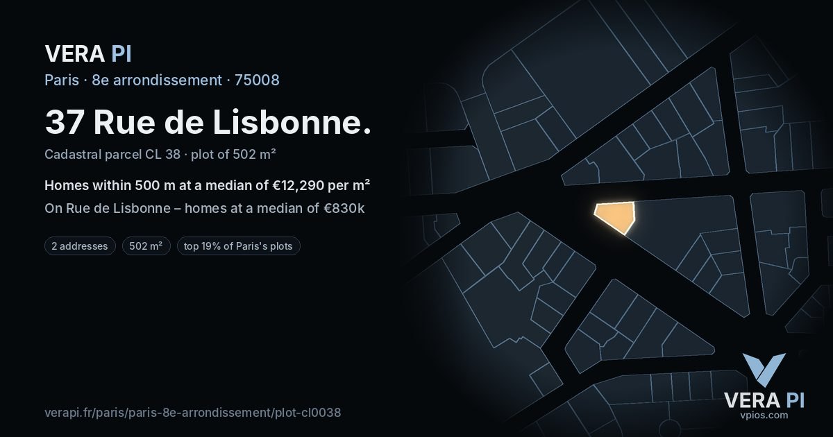 37 Rue de Lisbonne, 8e arrondissement at night – the plot lit, the parcels around coloured by the prices near them