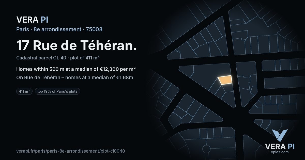 17 Rue de Téhéran, 8e arrondissement at night – the plot lit, the parcels around coloured by the prices near them