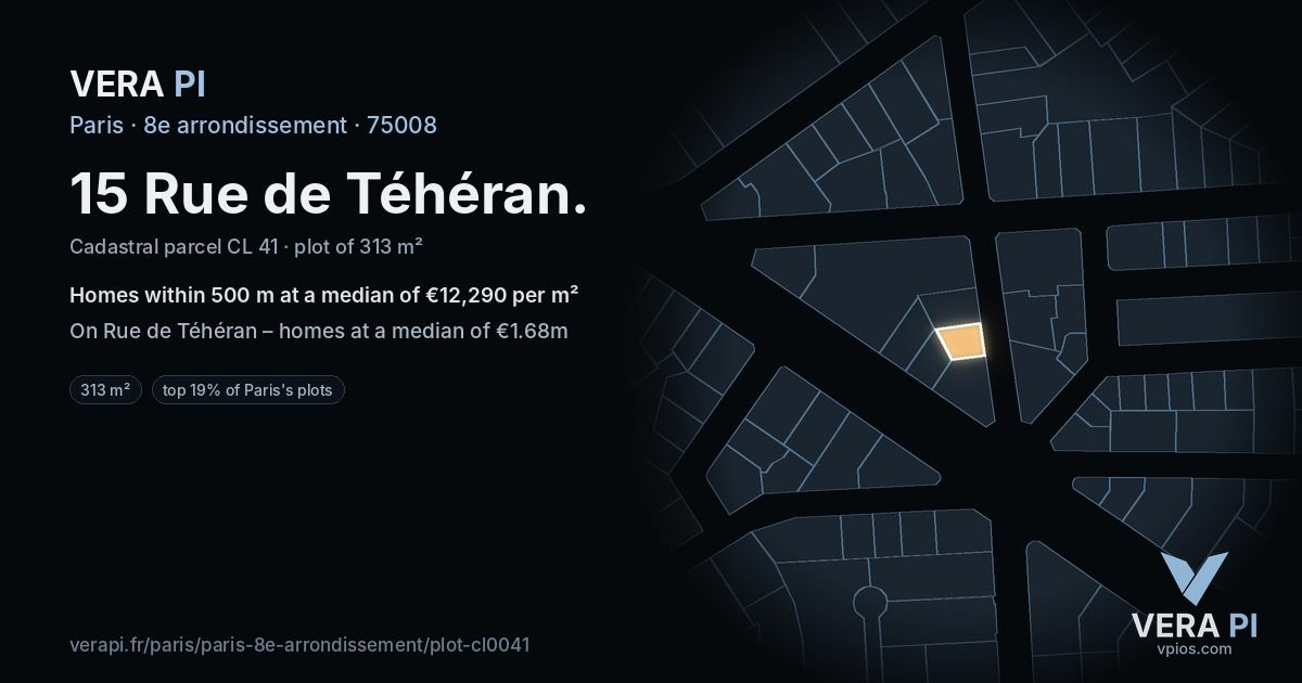 15 Rue de Téhéran, 8e arrondissement at night – the plot lit, the parcels around coloured by the prices near them