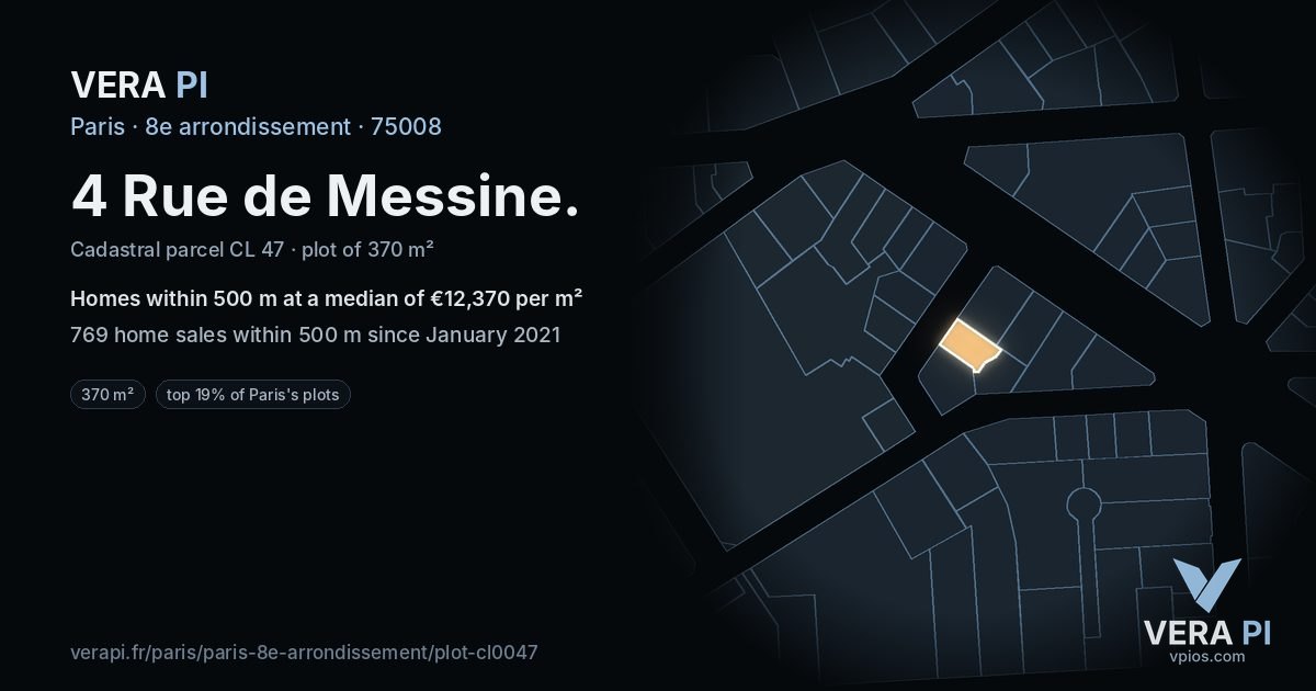 4 Rue de Messine, 8e arrondissement at night – the plot lit, the parcels around coloured by the prices near them