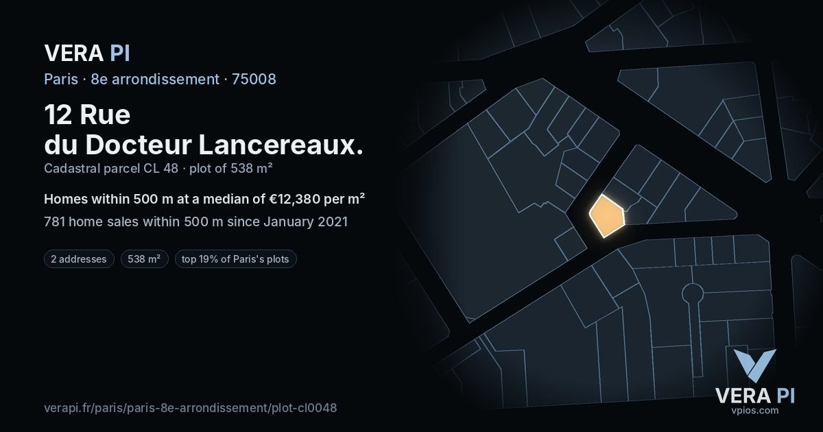 12 Rue du Docteur Lancereaux, 8e arrondissement at night – the plot lit, the parcels around coloured by the prices near them