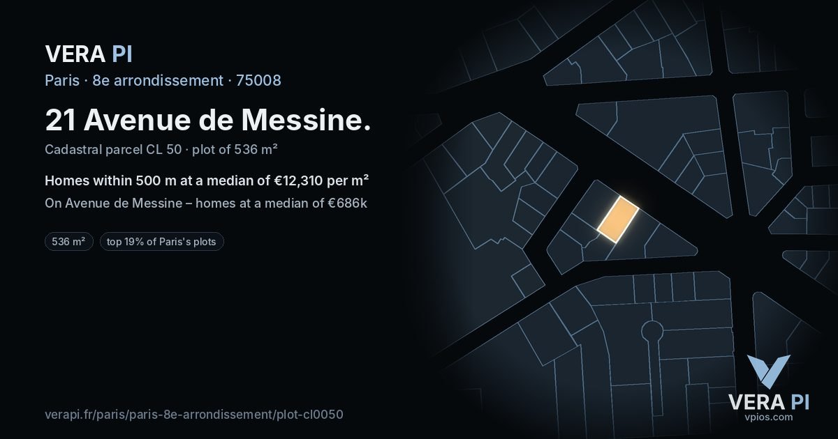 21 Avenue de Messine, 8e arrondissement at night – the plot lit, the parcels around coloured by the prices near them