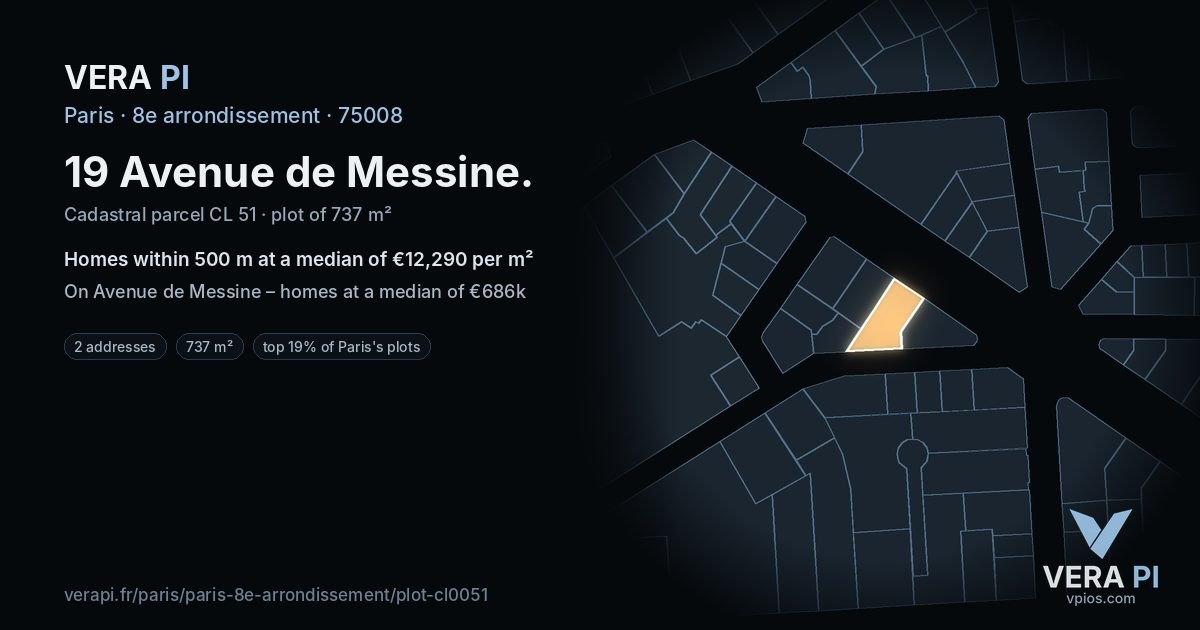 19 Avenue de Messine, 8e arrondissement at night – the plot lit, the parcels around coloured by the prices near them