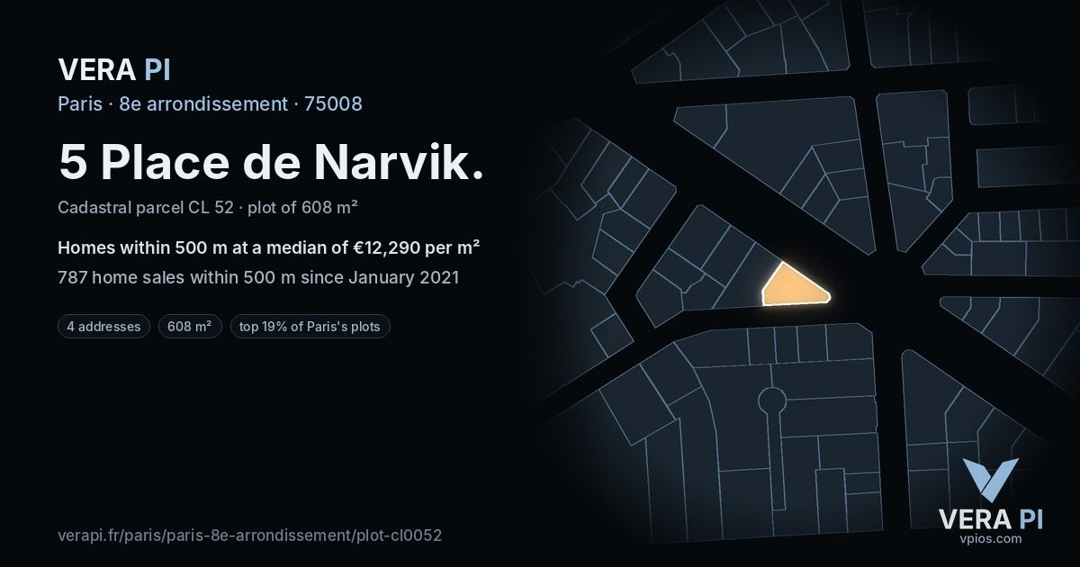 5 Place de Narvik, 8e arrondissement at night – the plot lit, the parcels around coloured by the prices near them